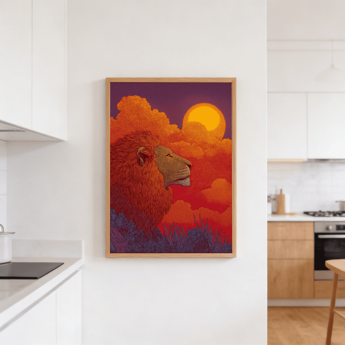 Lion Sunset Art Print print with lion portrait, swirling cloud shapes, and grass blades