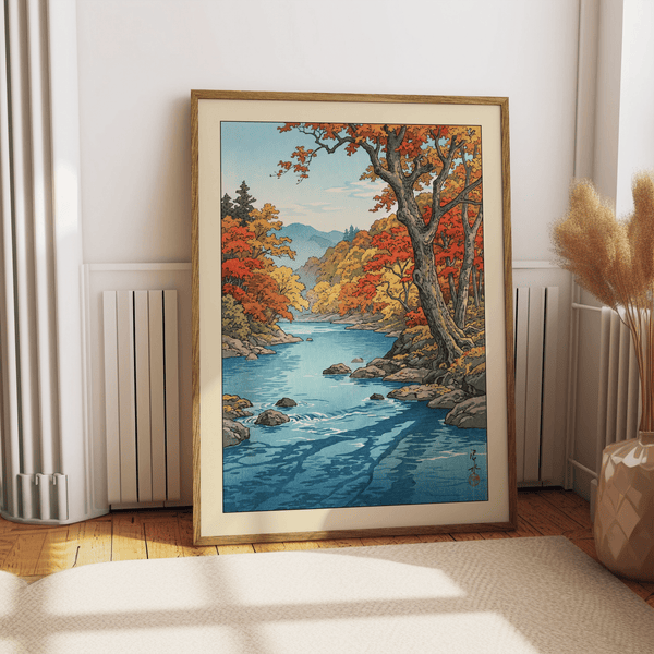 Close-up of Hasui Kawase autumn print showing layered hills and rippling water