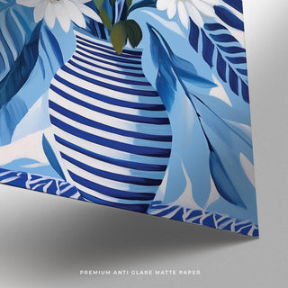 Art of Sunflowers with a vase of fresh blooms in golden, white, and navy hues.
