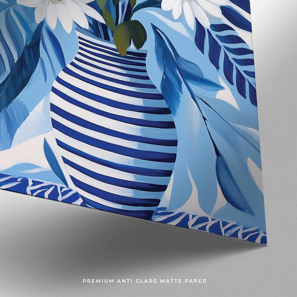 Art of Sunflowers with a vase of fresh blooms in golden, white, and navy hues.