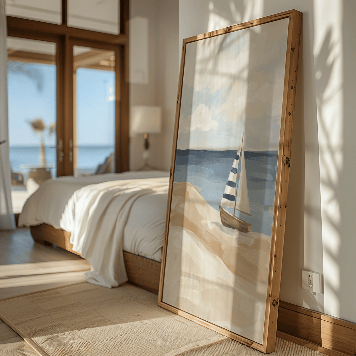 Beach Sailboat Wall Art with light beige for bathroom decor poster