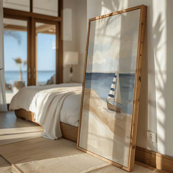 Beach Sailboat Wall Art with light beige for bathroom decor poster