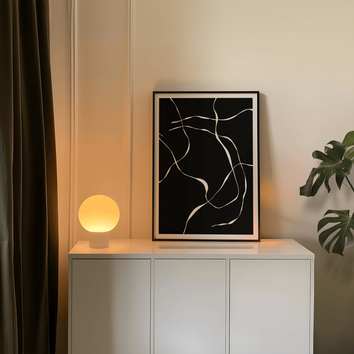 Minimalist diagonal curve line artwork in black and white
