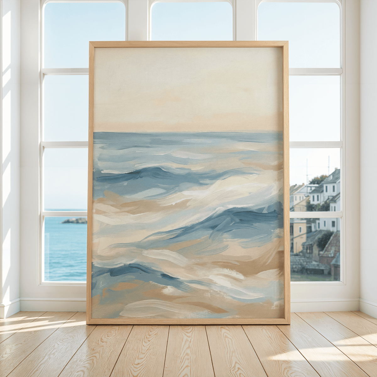 Minimalist Ocean Wave Art Print with blue, white, and beige for hallway wall art