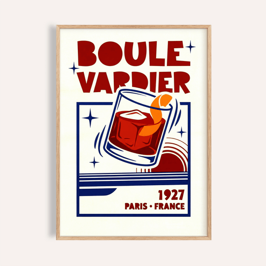Boulevardier Cocktail Print with Red, Orange, Blue for kitchen wall art