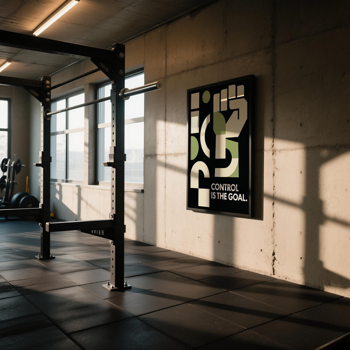 Bold graphic fitness motivation poster with cream and green palette.