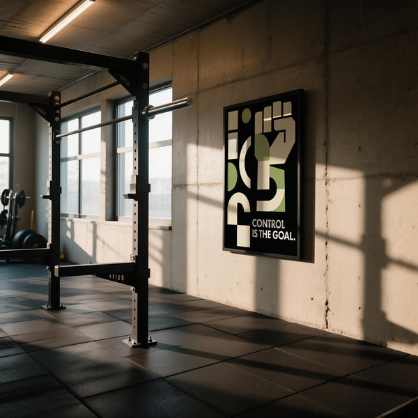 Bold graphic fitness motivation poster with cream and green palette.