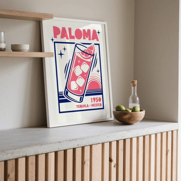 Paloma Cocktail Print, Pink and Blue colors, poster for lounge area