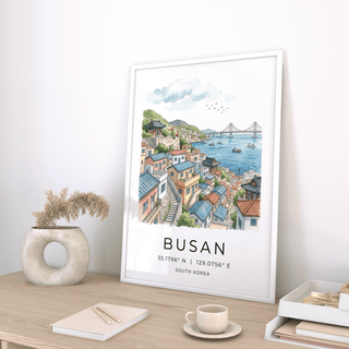 Coastal village poster art with pavilion, birds, and harbor boats