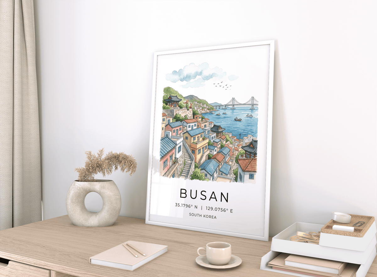 Coastal village poster art with pavilion, birds, and harbor boats