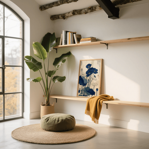 Japanese Poppy Wall Art Japanese floral wall art in blue and beige for entryway