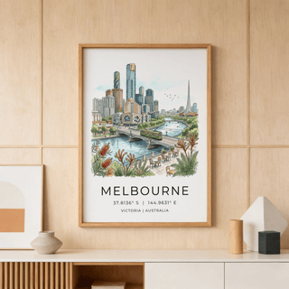 Watercolor-style Melbourne City Art Print showing skyline, river, and bridge