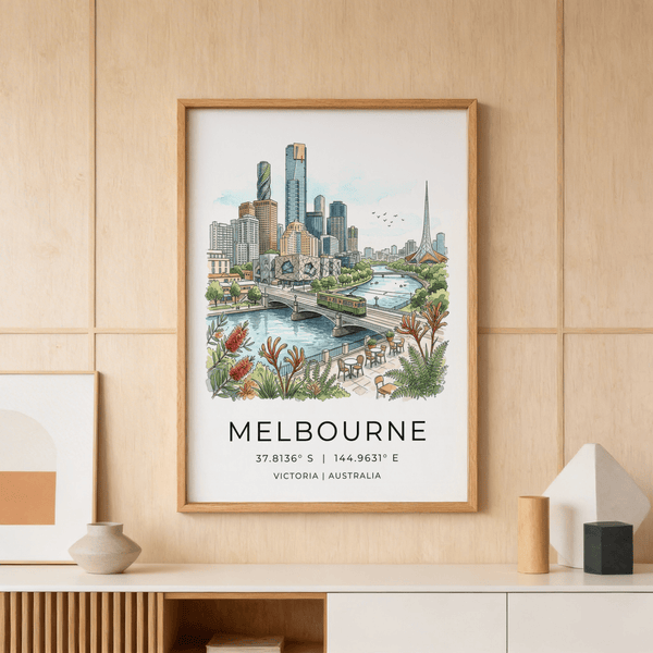 Watercolor-style Melbourne City Art Print showing skyline, river, and bridge