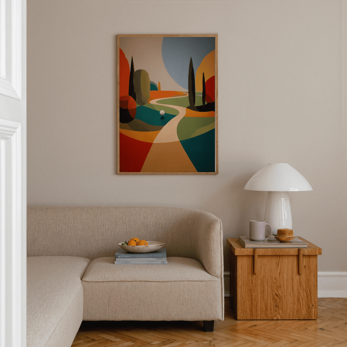 Geometric golf course print with rounded landscape blocks and central path