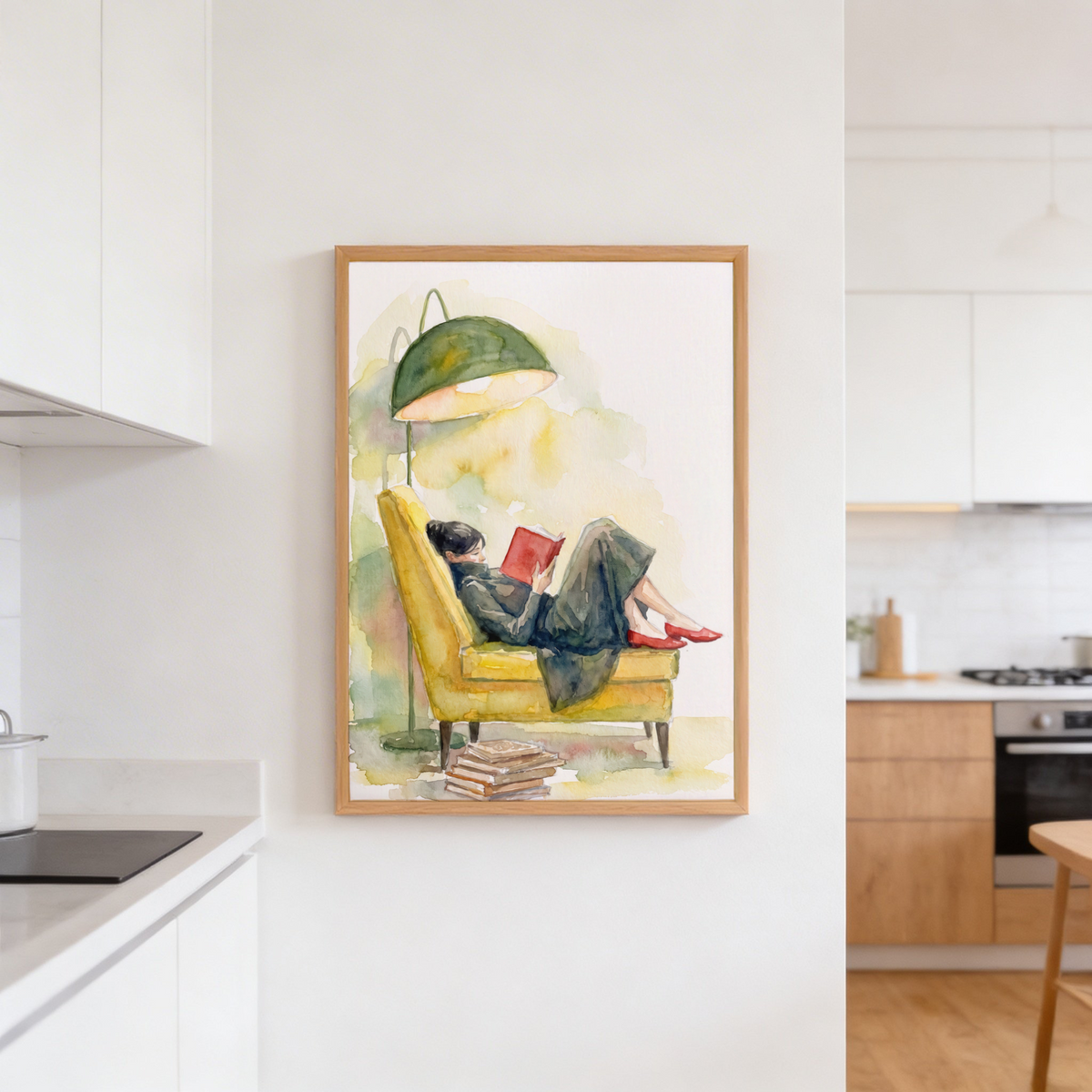 Hand-painted style wall art of a reader in an armchair wearing red shoes