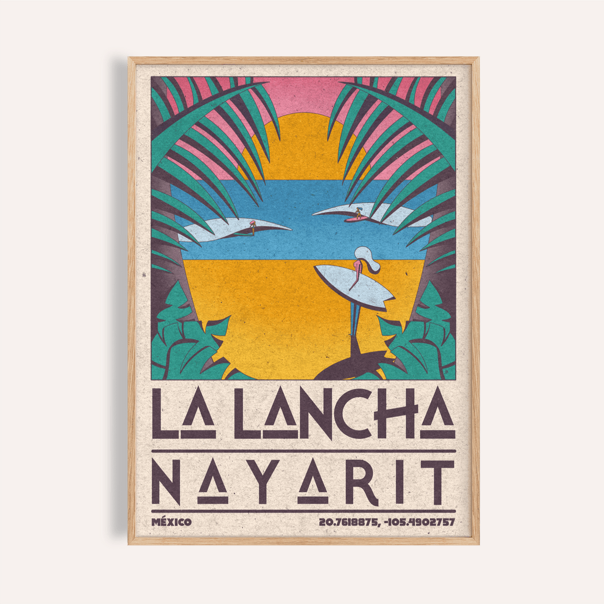 Surfer Beach Art Print poster featuring palm-framed waves and two surfers