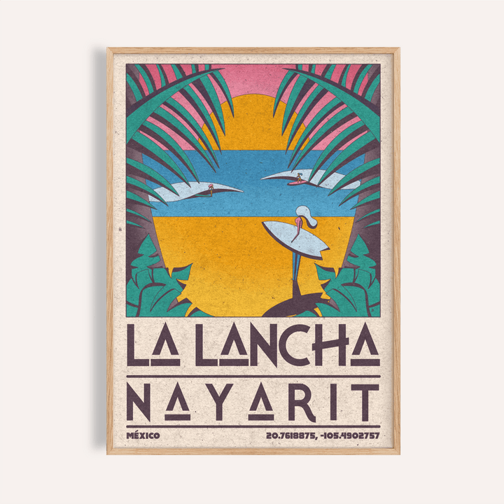 Surfer Beach Art Print poster featuring palm-framed waves and two surfers