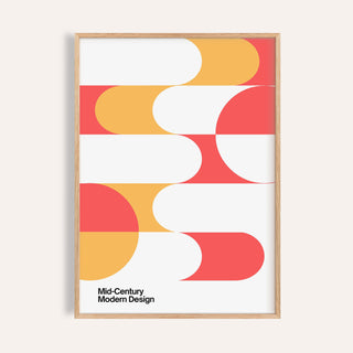 Mid Century Art wall art with coral and mustard geometric shapes in a natural wood frame