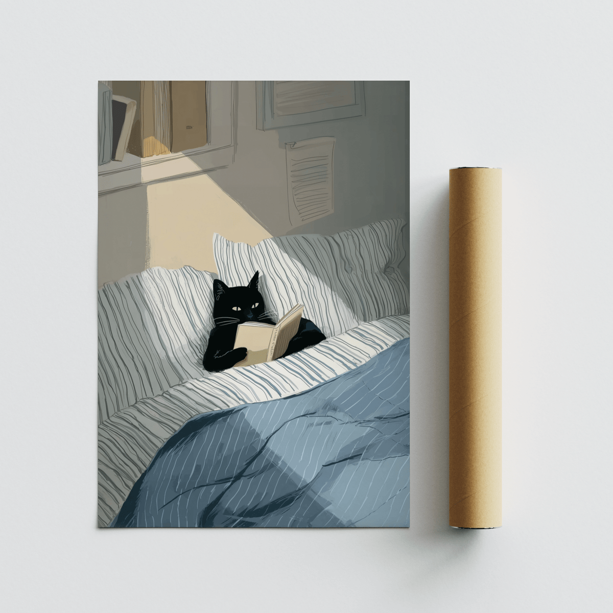 cat reading book wall art in beige accents, perfect for office gallery