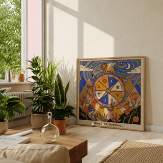 Framed scene poster print with clouds, stars, and crescent moons in a stylized tarot illustration