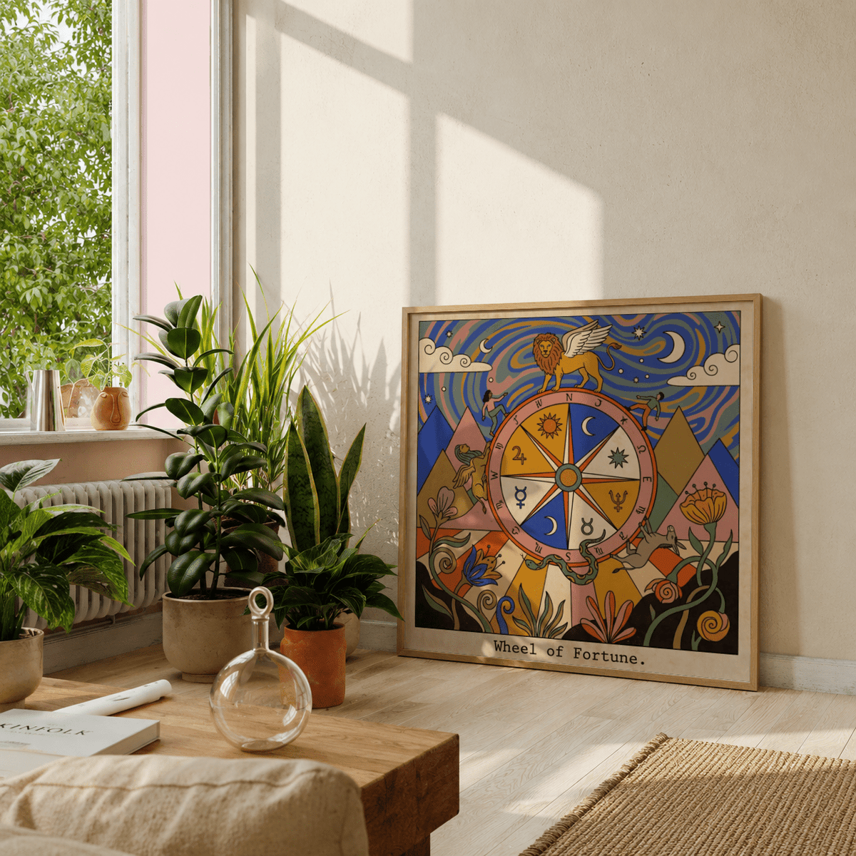 Framed scene poster print with clouds, stars, and crescent moons in a stylized tarot illustration
