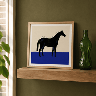 Square equine silhouette print styled with neutral furniture