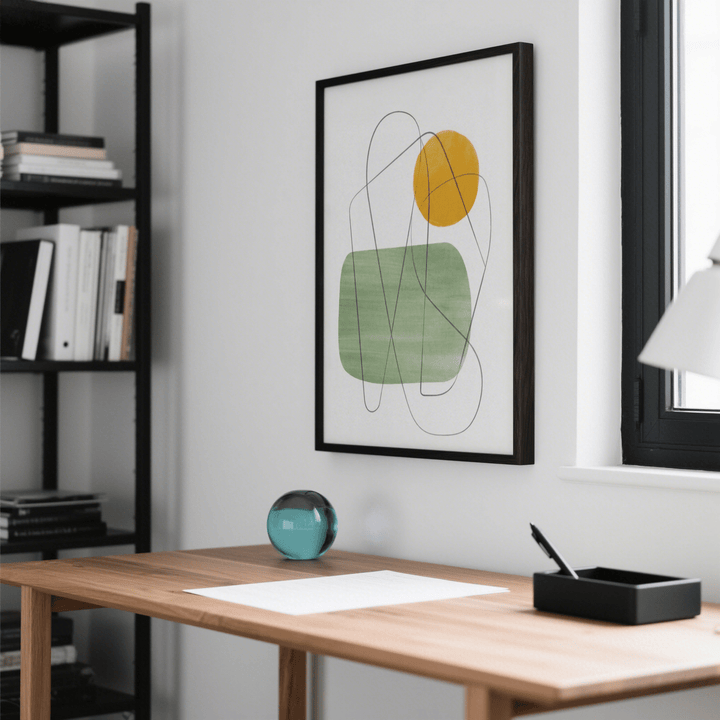 Abstract Simple Minimalist Wall Art with green, yellow, and white in hallway