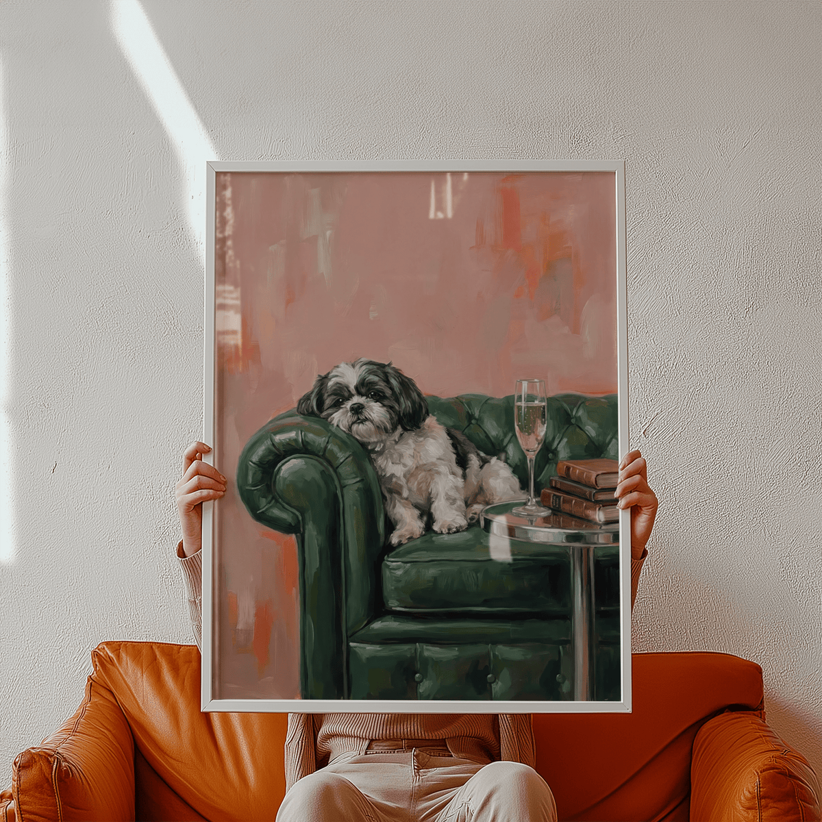 Shih Tzu Dog Print in Pink and Green tones for a stylish hallway wall art