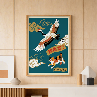 Japanese-style wall art print showing a calico cat and flying crane
