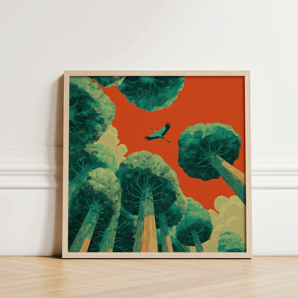 Modern Bird in Flight Wall Art, Green and Red, study room art print