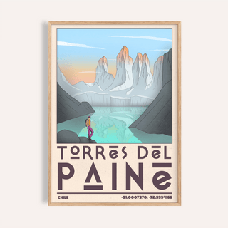 Torres Del Paine art print of mountains and a lake in blue and orange hues