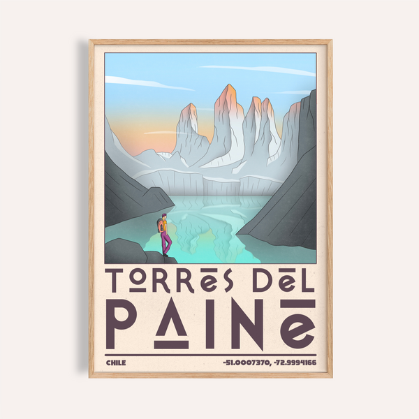 Overview of Torres Del Paine Art Print travel poster with mountain spires and lake