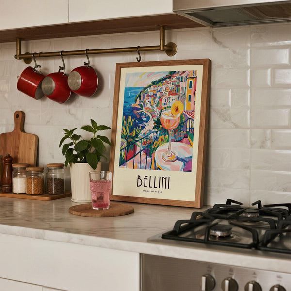 Seaside village view with cocktail table in Italian Style Cocktail Wall Art print.