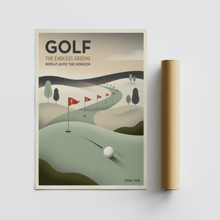 Stylized golf poster print showing long fairway curve, flag numbers, and soft gradients