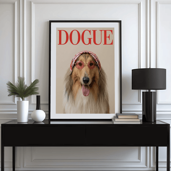 Rough Collie Dogue Print wall art for dog lovers, featuring Red and Pink in a study room