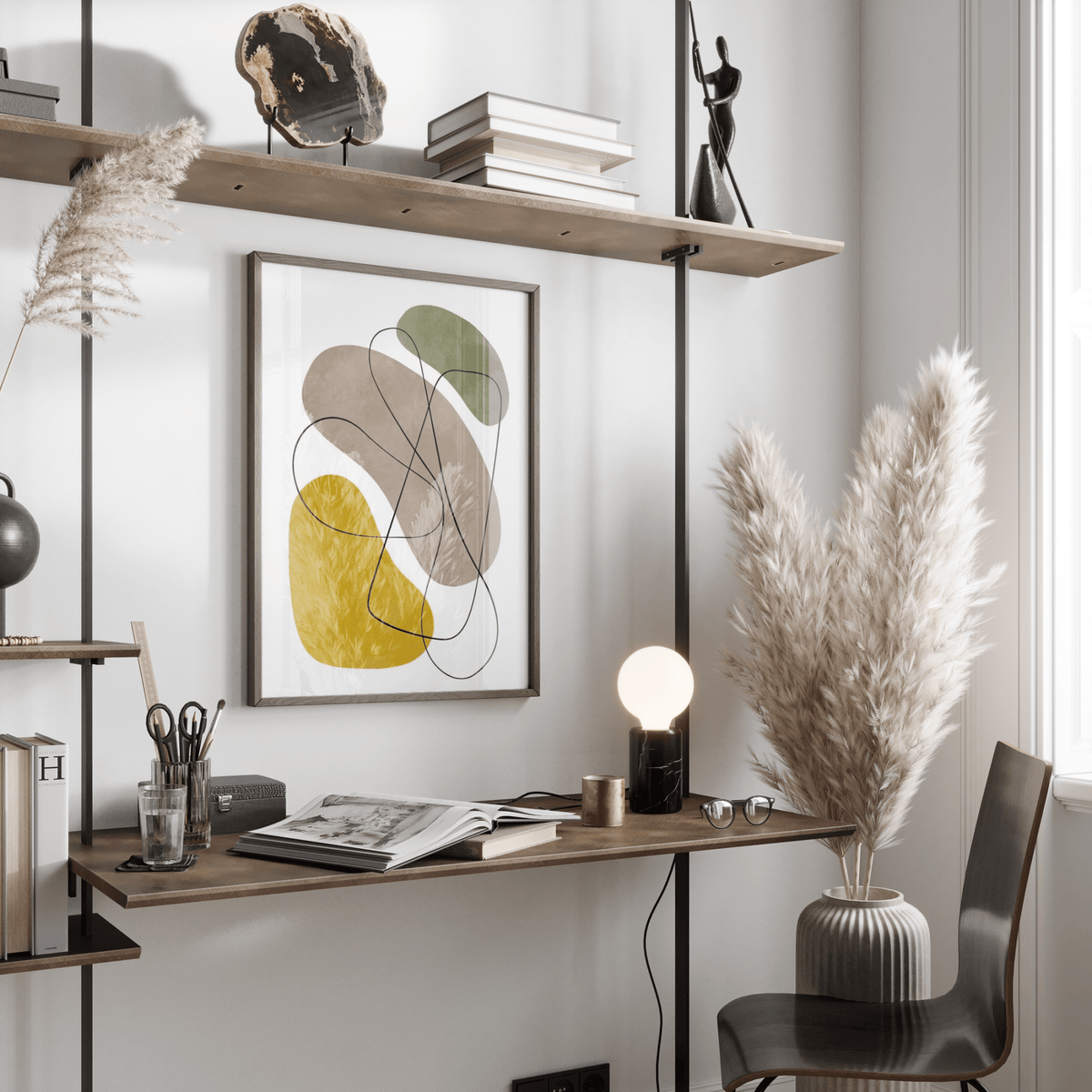 Geometric Abstract Poster decor in Yellow, Green, Brown, Beige for minimalist room