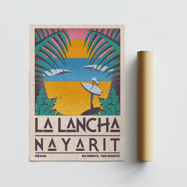 Retro tropical scene spotlighting yellow horizon disk behind rolling waves