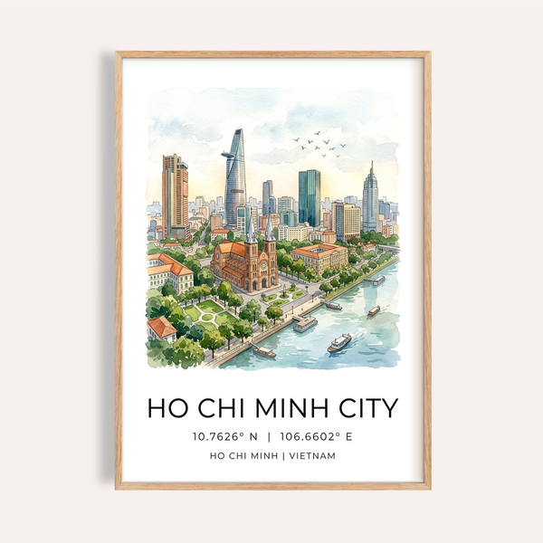 Illustrated skyline poster of Ho Chi Minh City with river and boats wall art