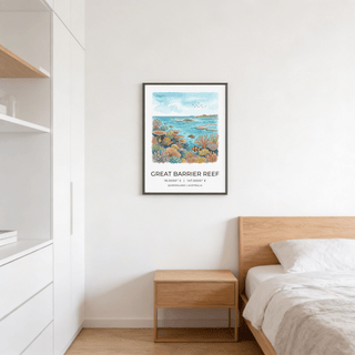 Typography poster reading GREAT BARRIER REEF with coordinates and location text