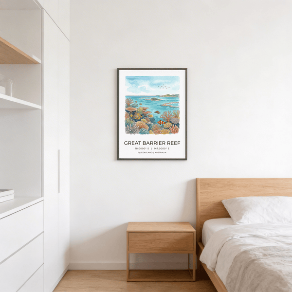 Typography poster reading GREAT BARRIER REEF with coordinates and location text