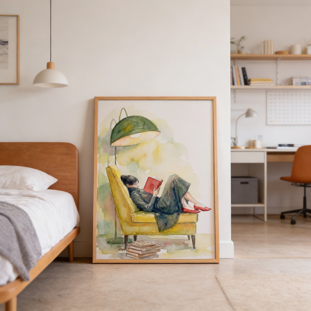 Soft wash illustration poster of a person reading on an armchair, minimal background
