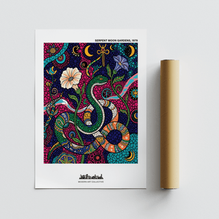 Illustrated snake poster with mosaic-style sections and botanical elements on a dotted ground