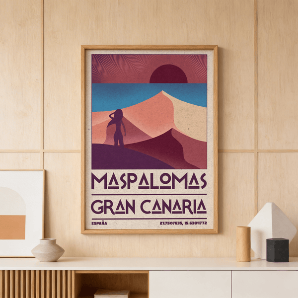 Retro Maspalomas travel poster print featuring layered desert dunes