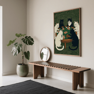 Cat Poker Art Print in White and Green tones, stylish for hallway poster