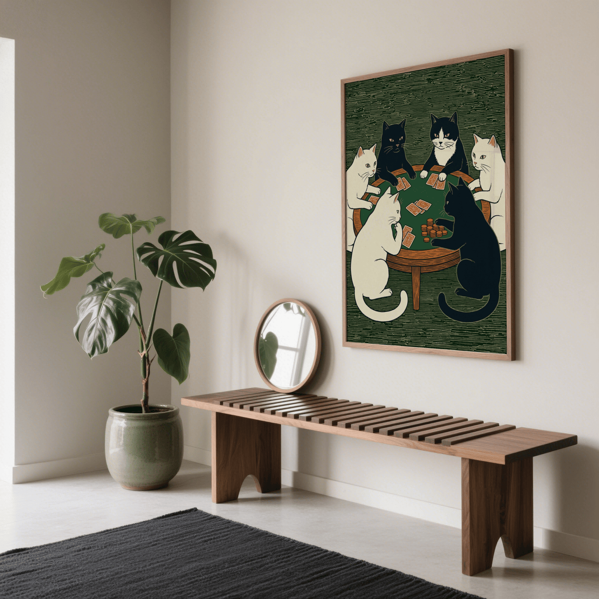 Cat Poker Art Print in White and Green tones, stylish for hallway poster