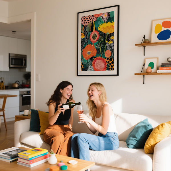 Abstract beautiful flower art print with graphic leaves and oversized blossoms.