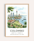 Waterfront illustration poster showing Colombo skyline with central tower, palms, and boats