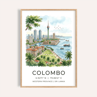 Waterfront illustration poster showing Colombo skyline with central tower, palms, and boats