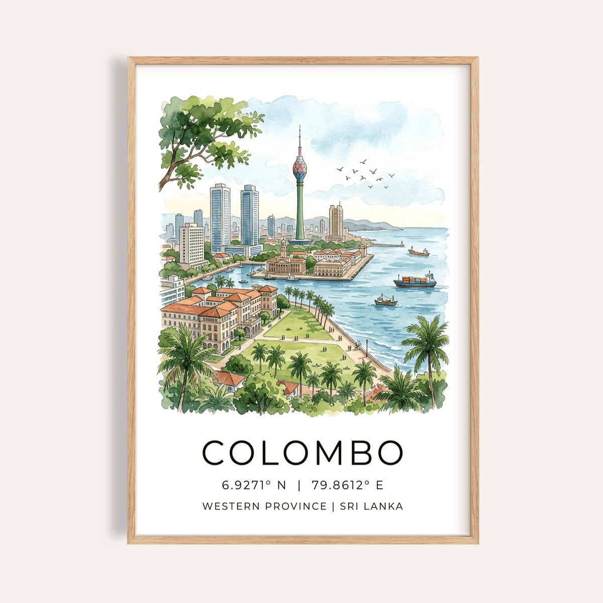 Waterfront illustration poster showing Colombo skyline with central tower, palms, and boats