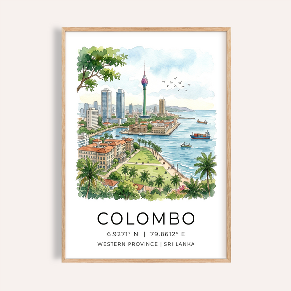 Waterfront illustration poster showing Colombo skyline with central tower, palms, and boats